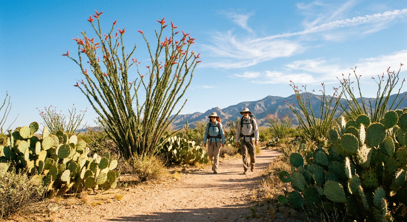 Two hikers walking on a sandy Sonoran Desert trail near Benson, Arizona, with ocotillo and prickly pear under a bright sky, realistic photography style