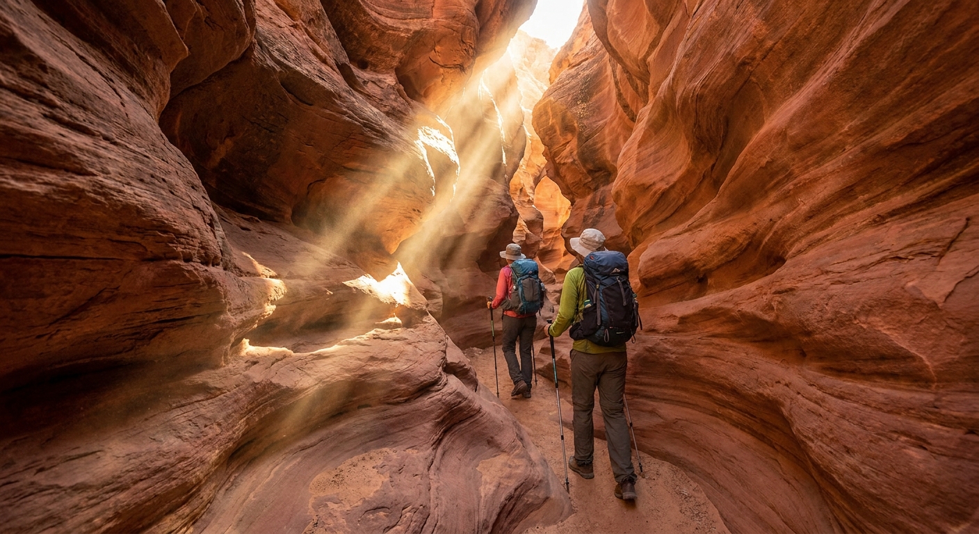 Two hikers walking through a narrow sandstone slot canyon in Anza-Borrego Desert State Park with sunlight filtering in from above, realistic travel photography