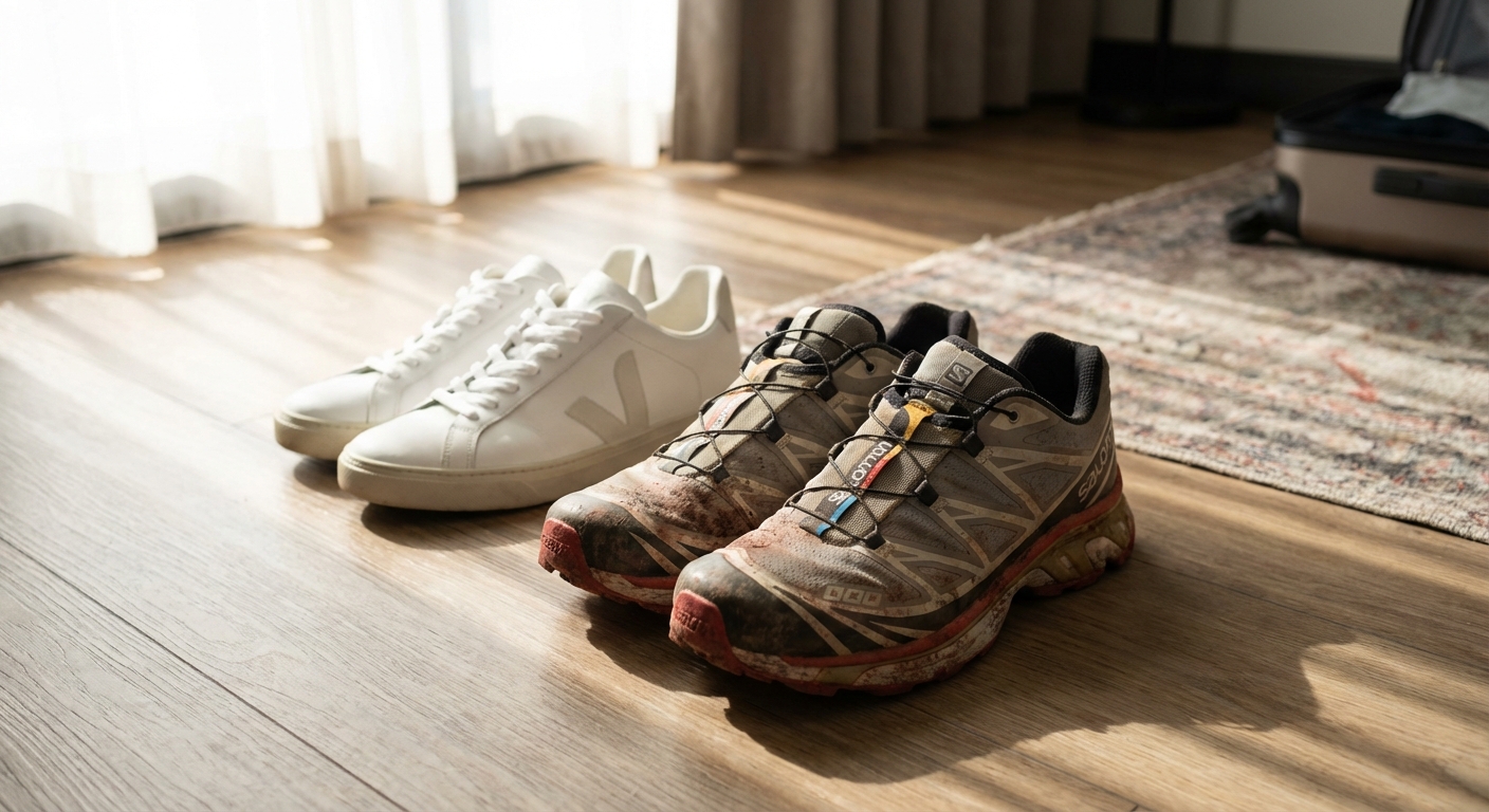 Two pairs of shoes on a hotel floor, one pair of worn trail runners with a bit of dust and one clean pair of minimalist sneakers, soft natural window light, photorealistic travel photography