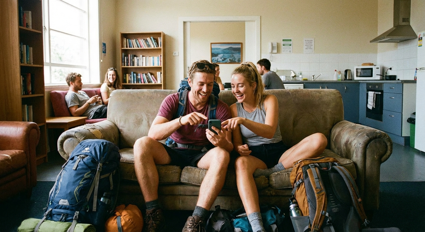Two travelers sitting on a hostel lounge couch comparing expenses on a smartphone app, backpacks on the floor, candid indoor travel photography