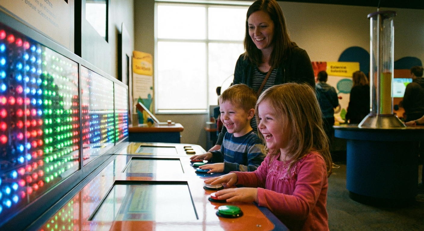 Two young children pressing buttons at an interactive science museum exhibit with colorful lights and a parent nearby, indoor natural light, candid family travel photo
