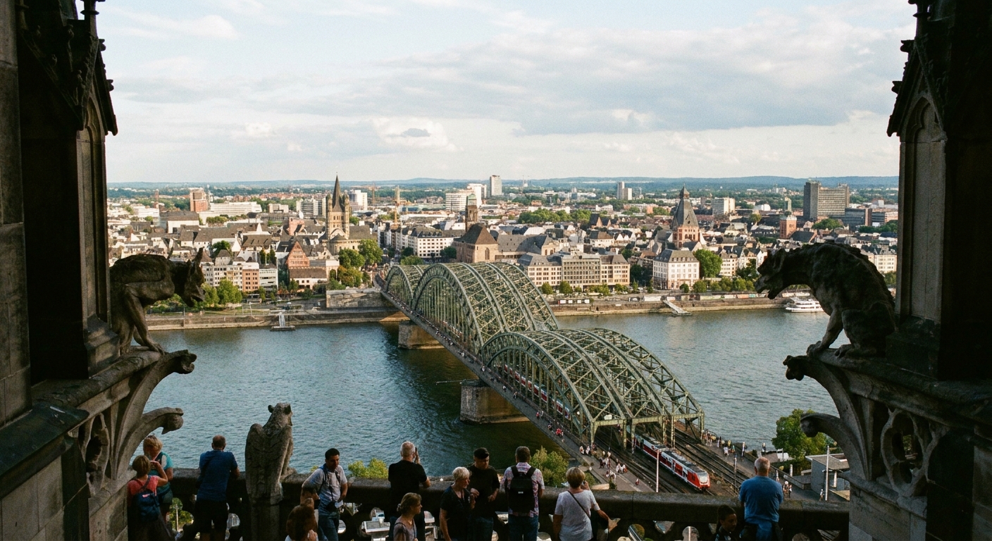 View from Cologne Cathedral’s tower platform looking over the Rhine River, a bridge crossing the water, and Cologne rooftops in the distance