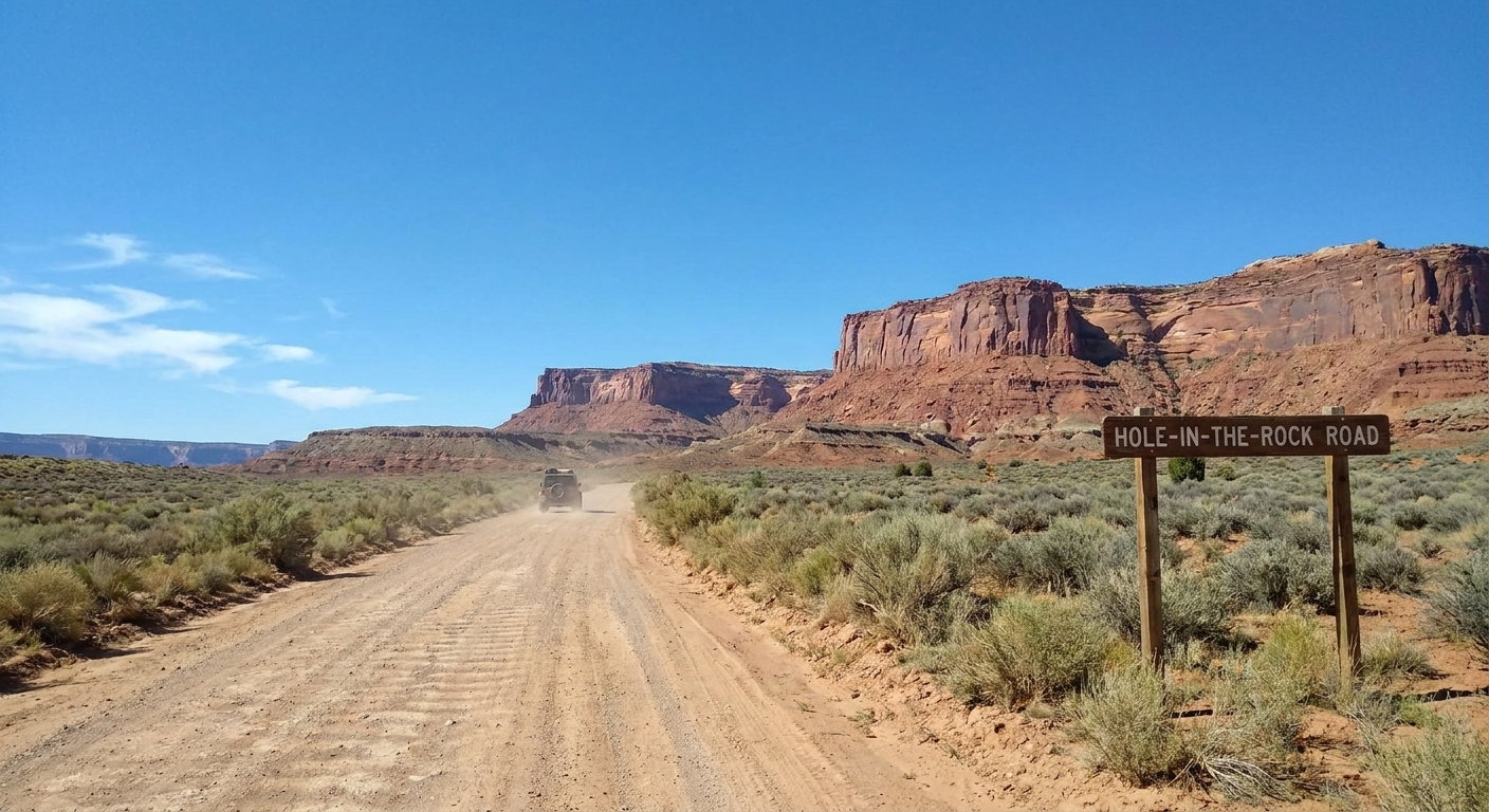 Washboarded dirt road on Hole-in-the-Rock Road leading toward red rock mesas under a wide blue sky