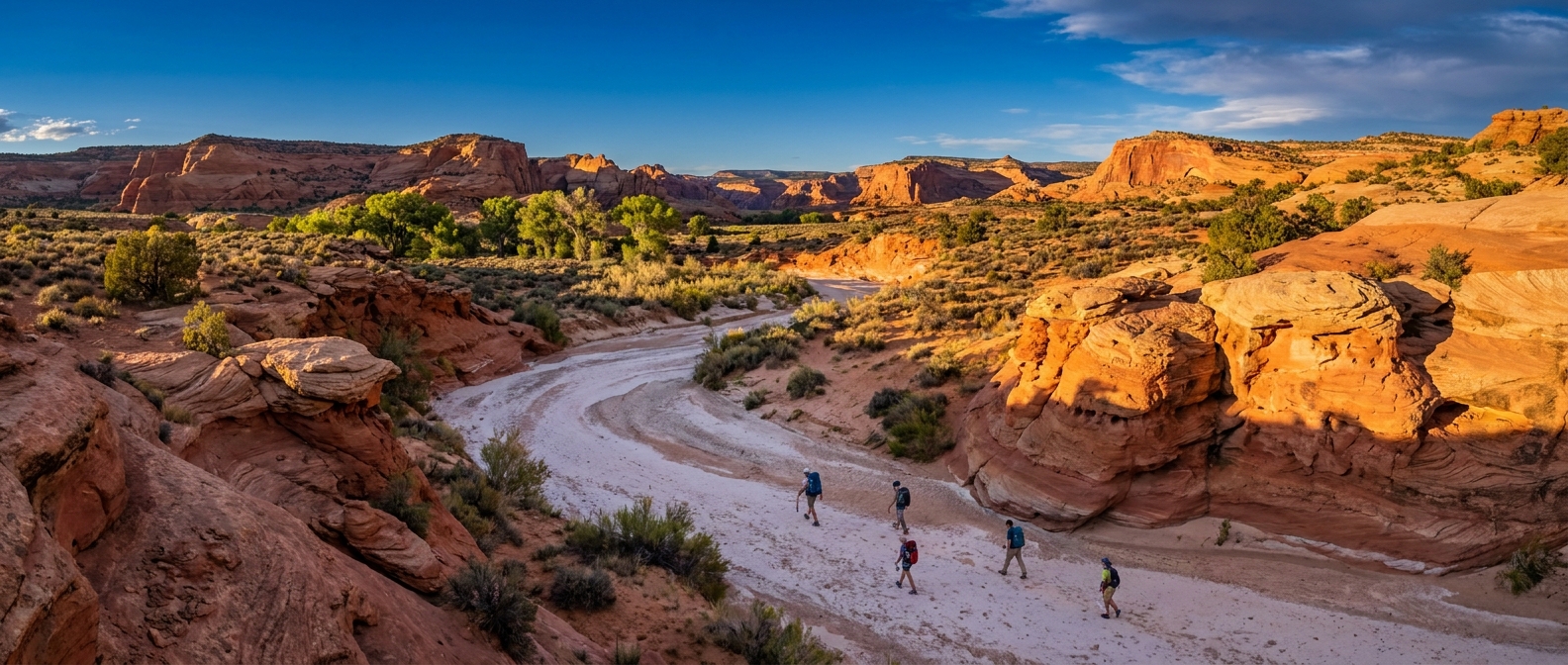Wide view of Dry Fork wash in Grand Staircase Escalante, Utah, with hikers walking through pale sand between low desert cliffs in warm afternoon light