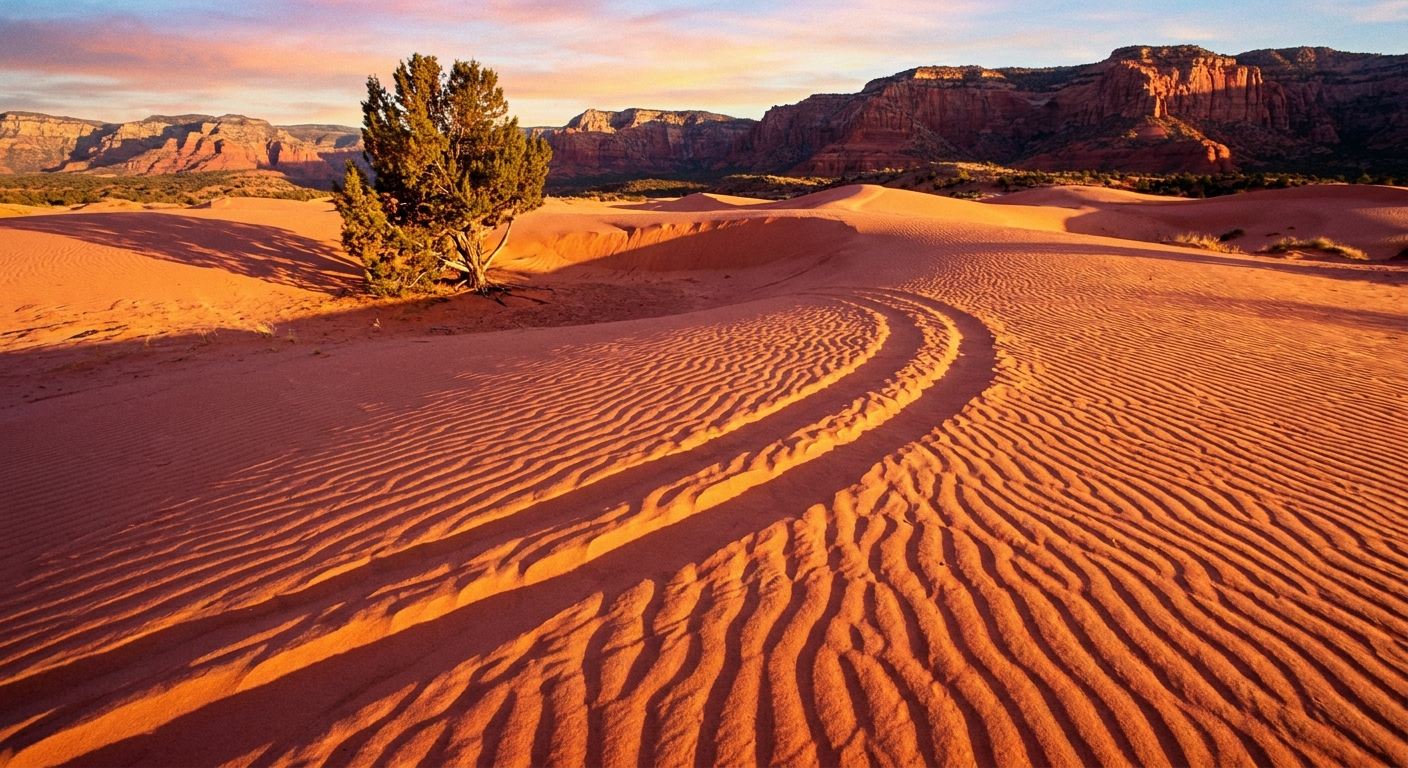 Wind-rippled coral-pink sand at golden hour in Coral Pink Sand Dunes State Park, Utah, with long shadows emphasizing dune texture