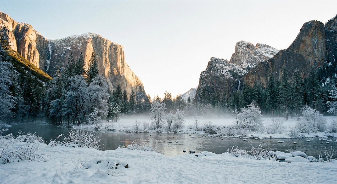 Yosemite Valley in winter with low morning fog hovering above a snowy meadow and granite cliffs rising in the background