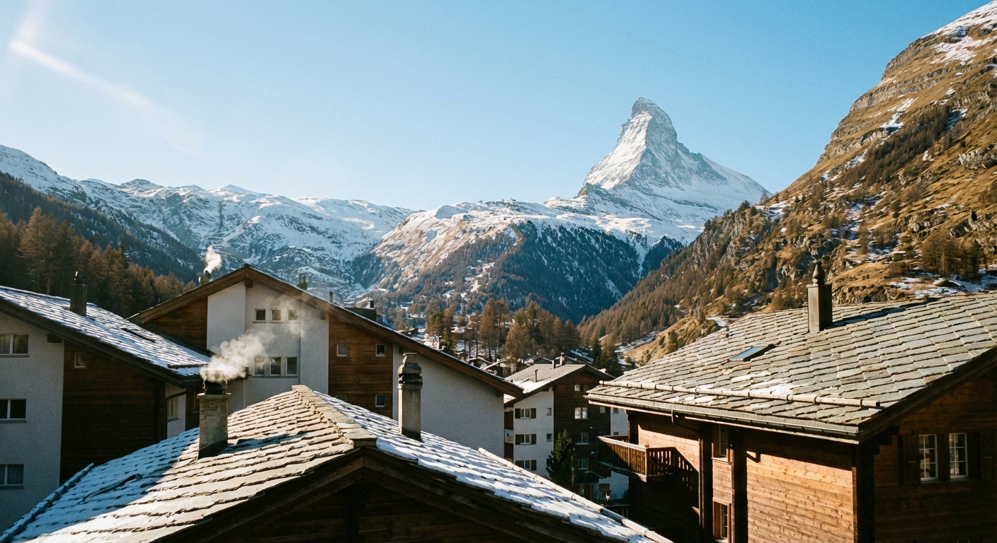 Zermatt village rooftops in the foreground with the Matterhorn rising sharply in the distance under a clear blue sky, photorealistic travel photography